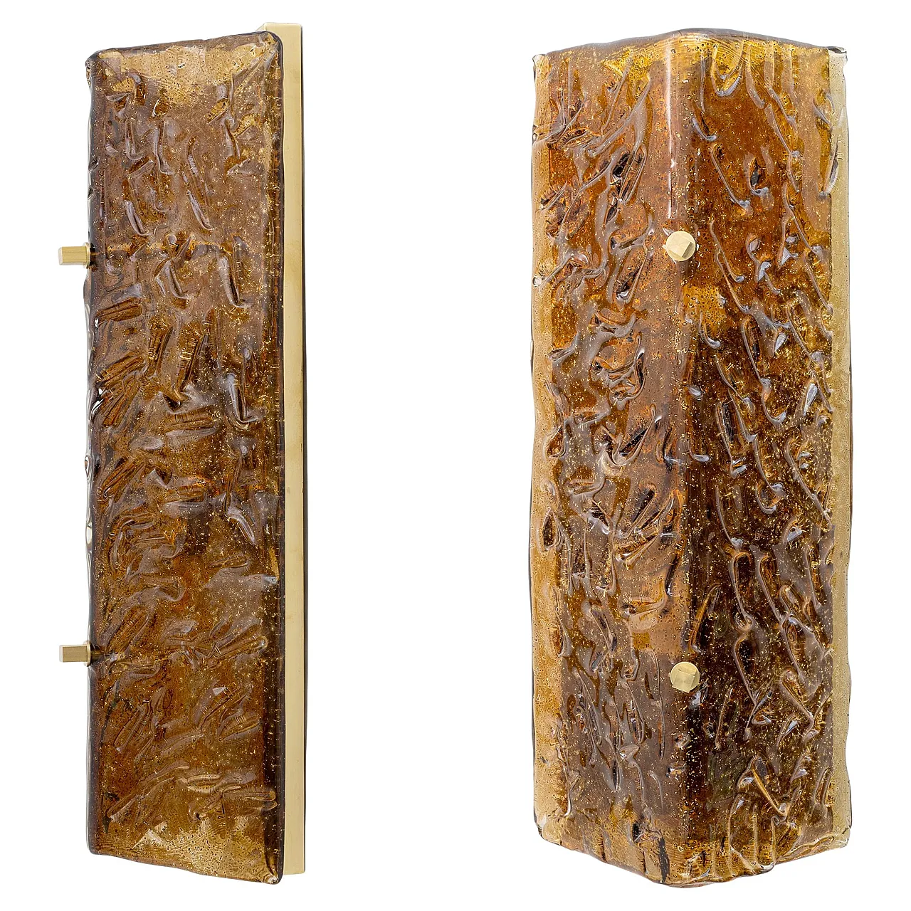 Coppia di lampade in vetro di Murano ambrato e ottone, anni 2000 1