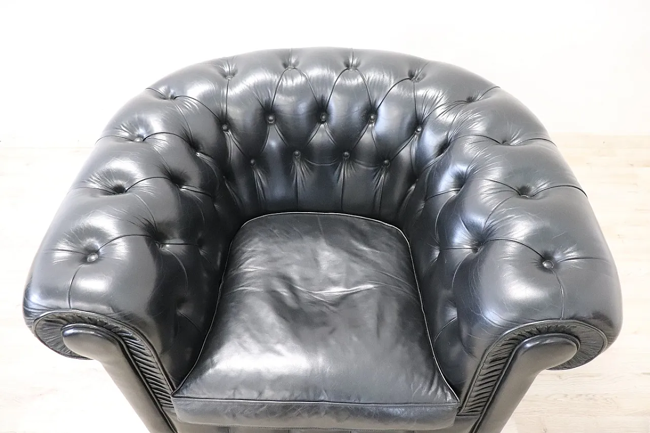 Divano e poltrona  stile Chesterfield in pelle nera, anni '80 12
