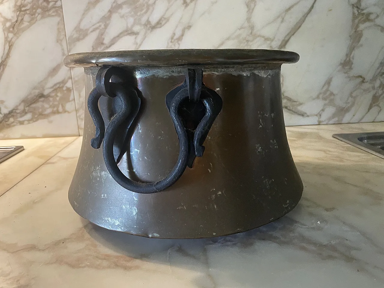 Antique copper pot with metal handles, 18th century 1