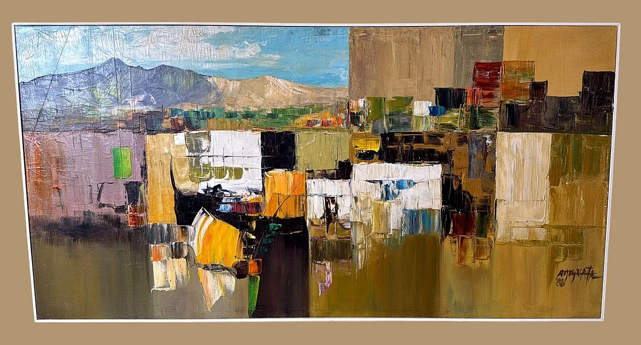 Astrazione geometrica, olio su tela con cornice in legno, anni '80 2