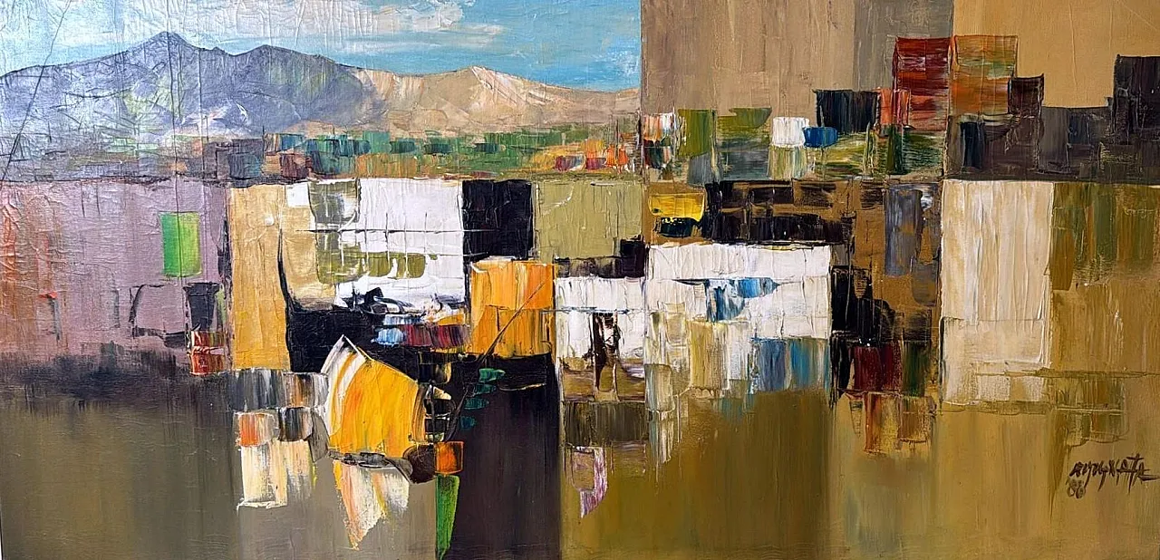 Astrazione geometrica, olio su tela con cornice in legno, anni '80 4