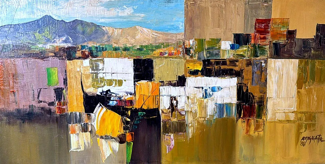 Astrazione geometrica, olio su tela con cornice in legno, anni '80 5