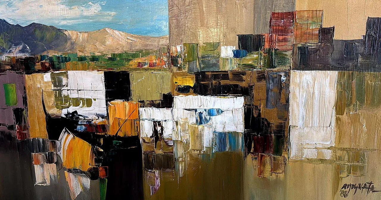 Astrazione geometrica, olio su tela con cornice in legno, anni '80 6