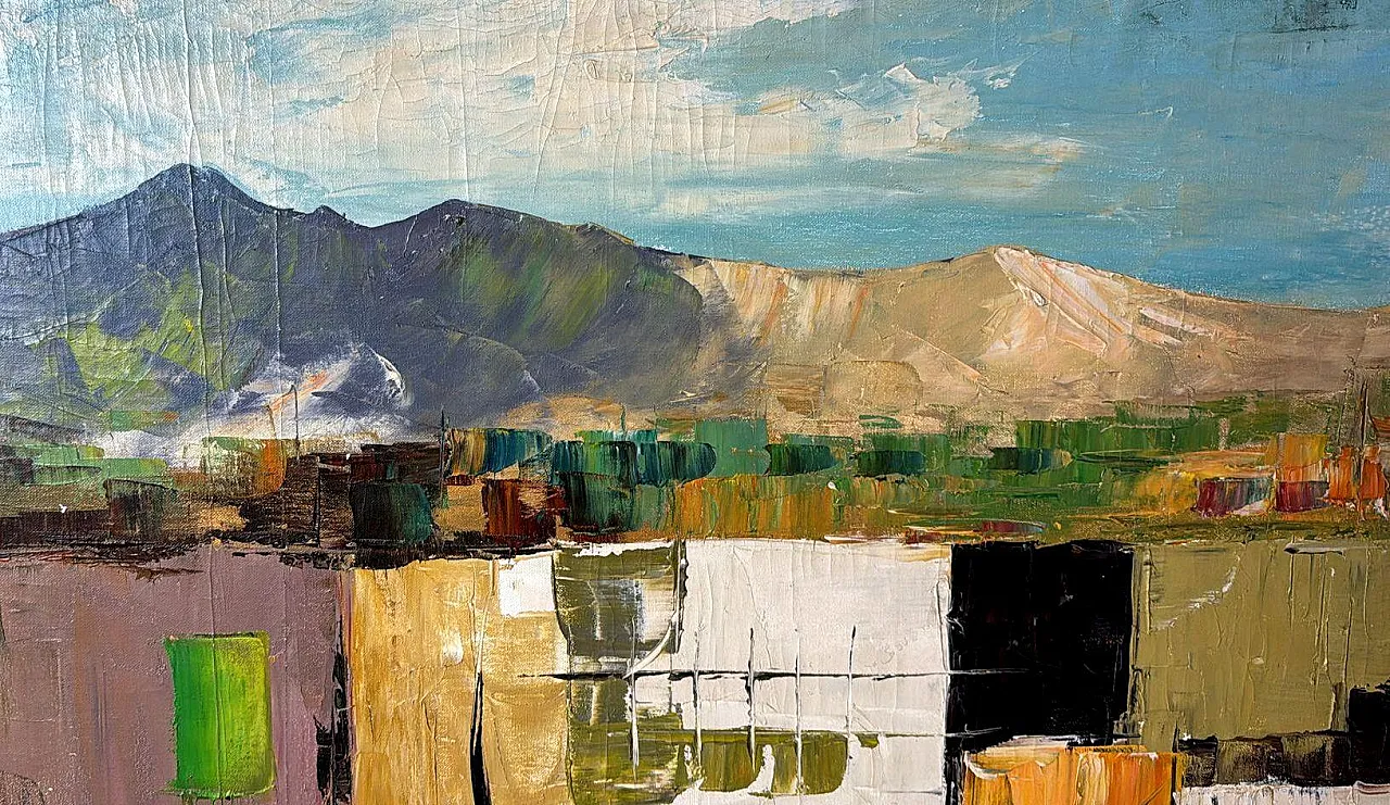 Astrazione geometrica, olio su tela con cornice in legno, anni '80 7