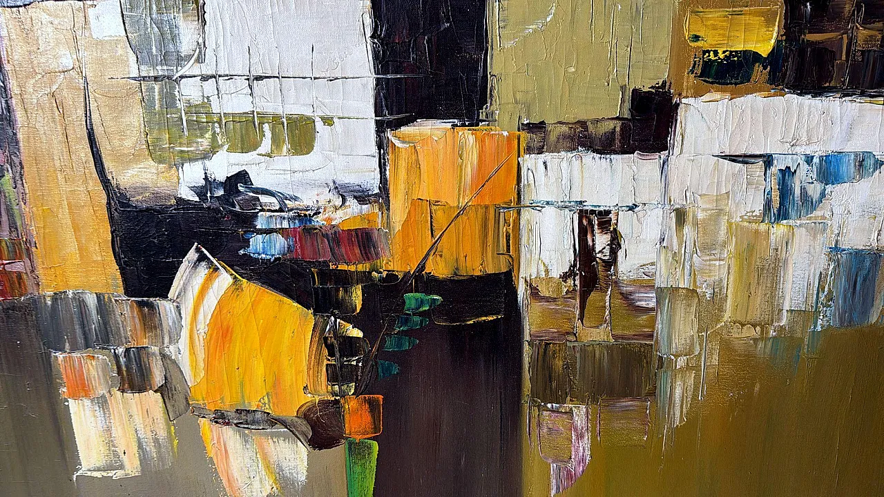 Astrazione geometrica, olio su tela con cornice in legno, anni '80 8