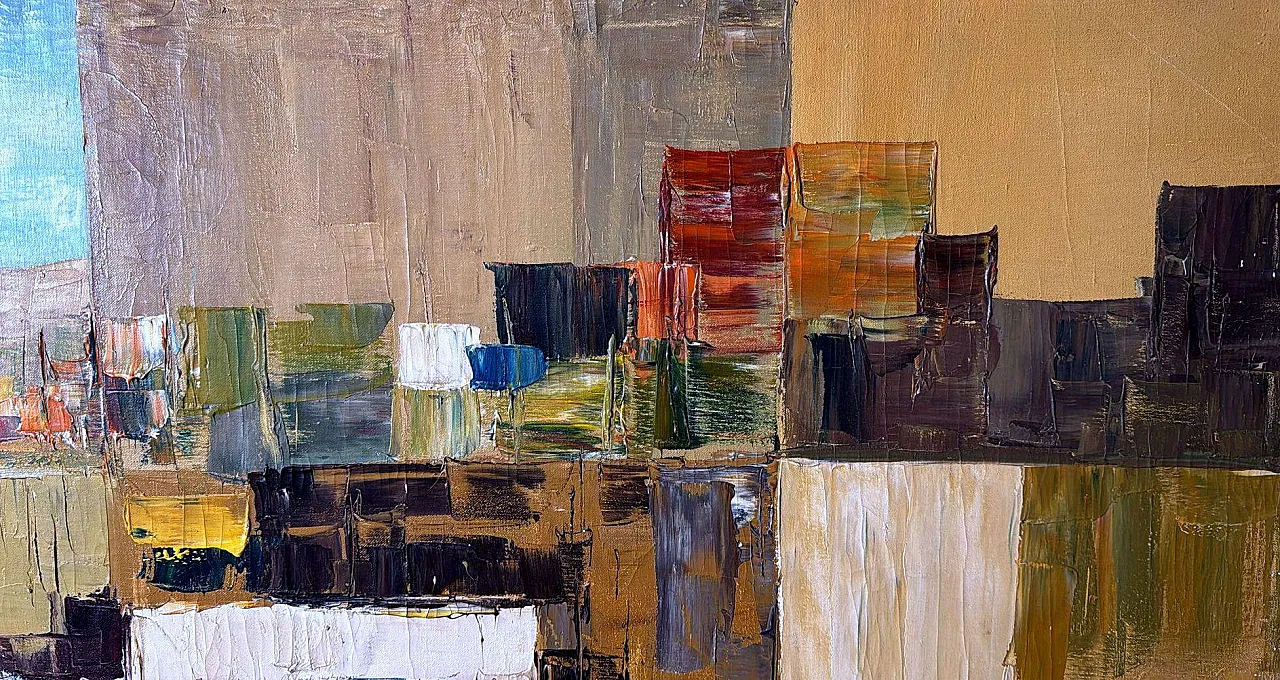 Astrazione geometrica, olio su tela con cornice in legno, anni '80 9