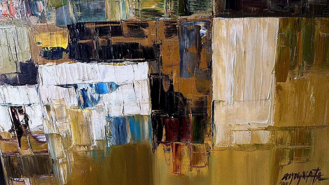 Astrazione geometrica, olio su tela con cornice in legno, anni '80 10