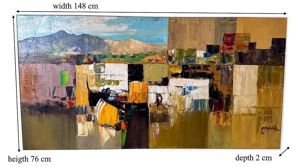 Astrazione geometrica, olio su tela con cornice in legno, anni '80 20