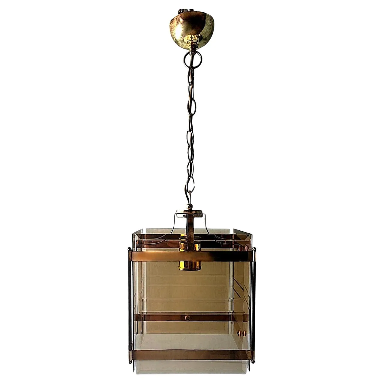 Lampadario in ottone stile Sciolari con vetro smussato fumé, anni '70 1