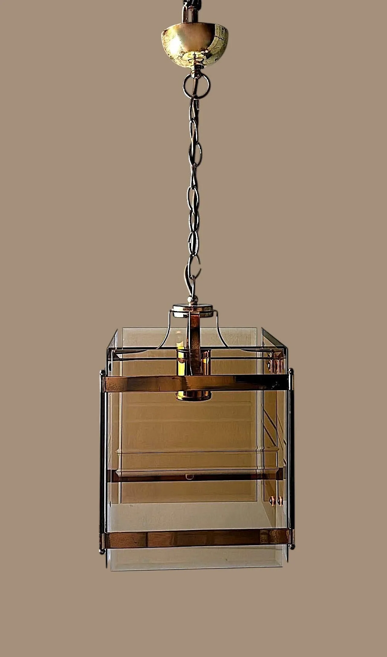 Lampadario in ottone stile Sciolari con vetro smussato fumé, anni '70 3