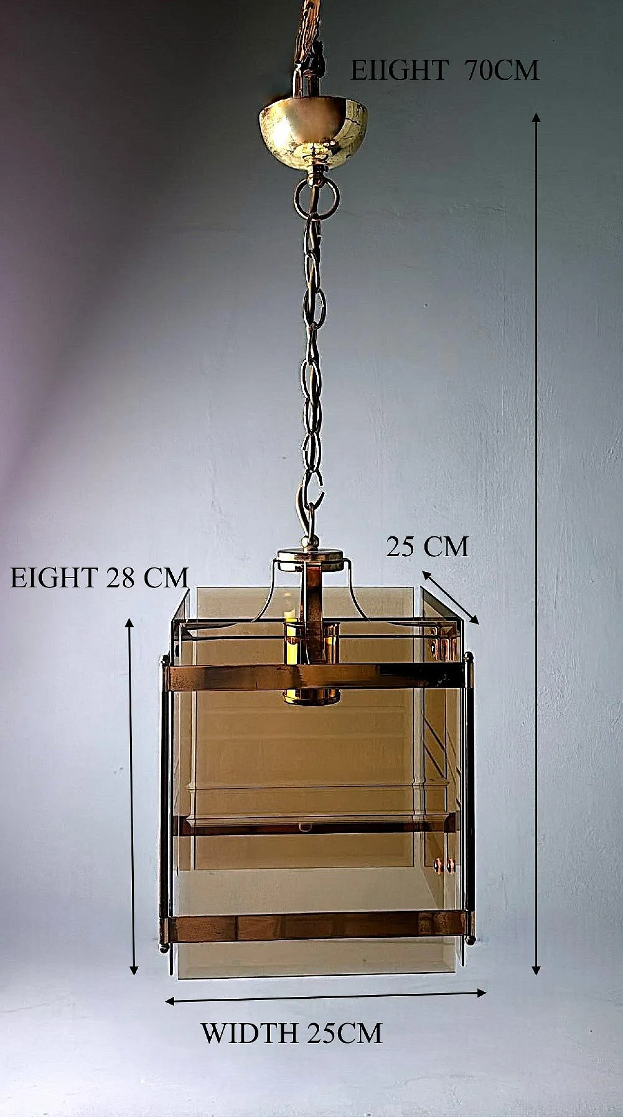 Lampadario in ottone stile Sciolari con vetro smussato fumé, anni '70 19