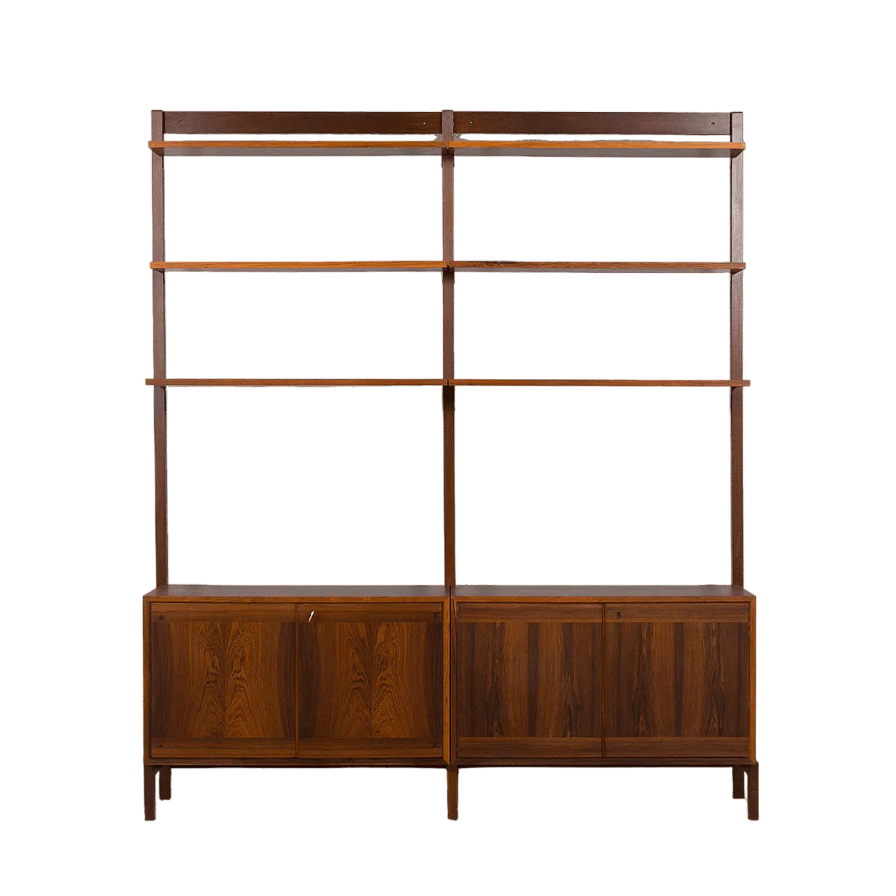 Pensile scandinavo in legno di palissandro con 2 armadi e 6 ripiani, anni '60 24