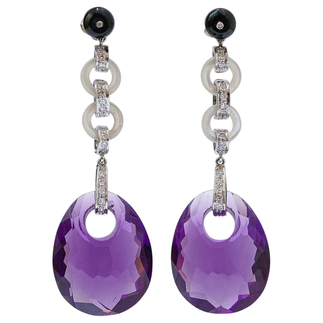 Orecchini di platino con ametiste, pietre, diamanti, onice, anni '70 6