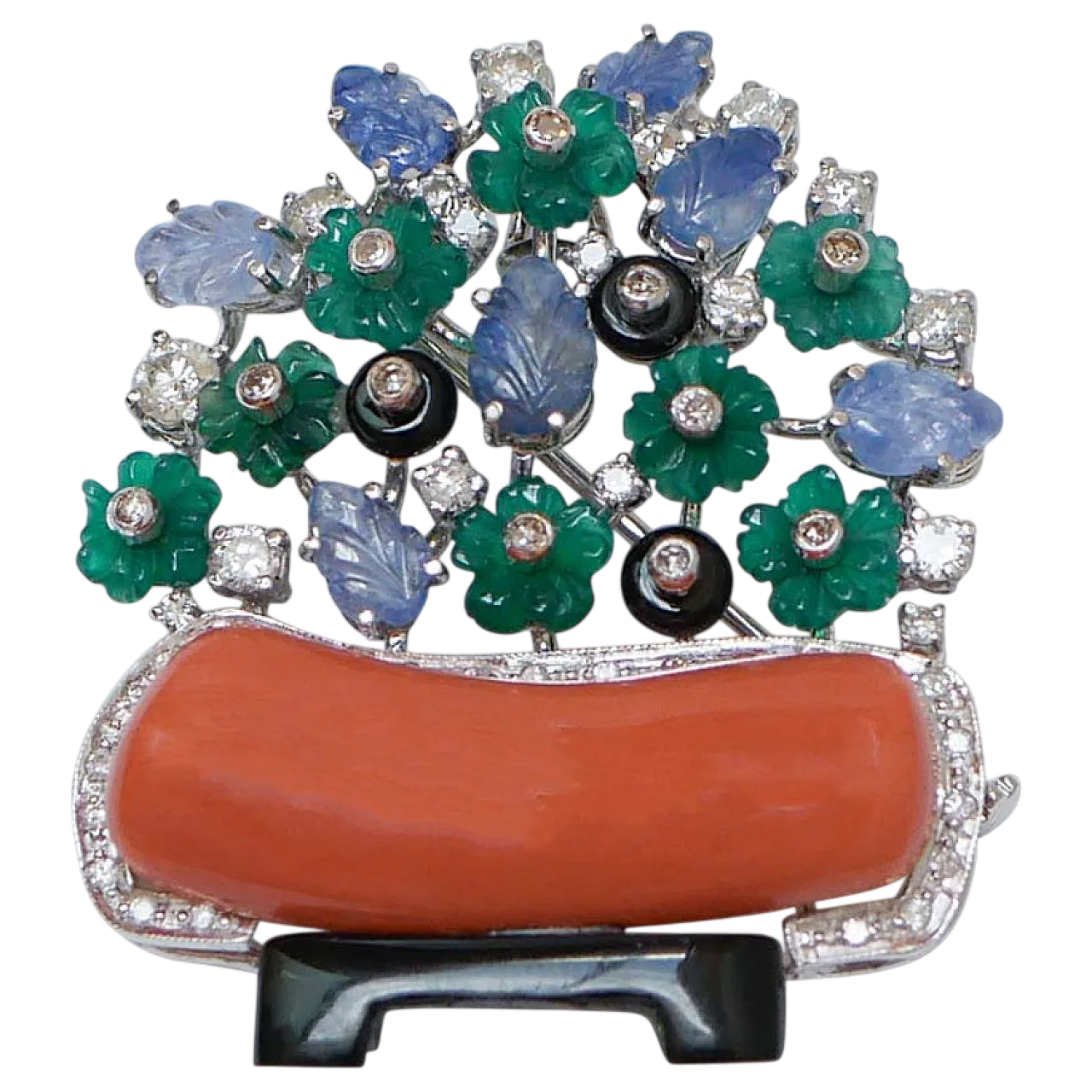 Brooch agate, platinum, gold, coral, diamonds, sapphires, onyx, 1960s 8