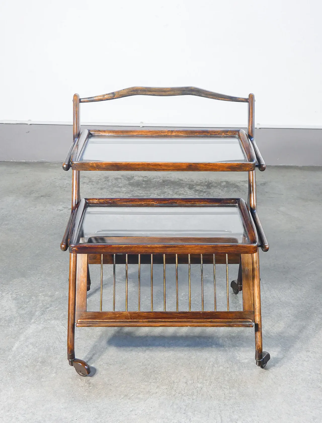 Carrello portavivande in legno, ottone e vetro di Ico Parise, anni '50 2