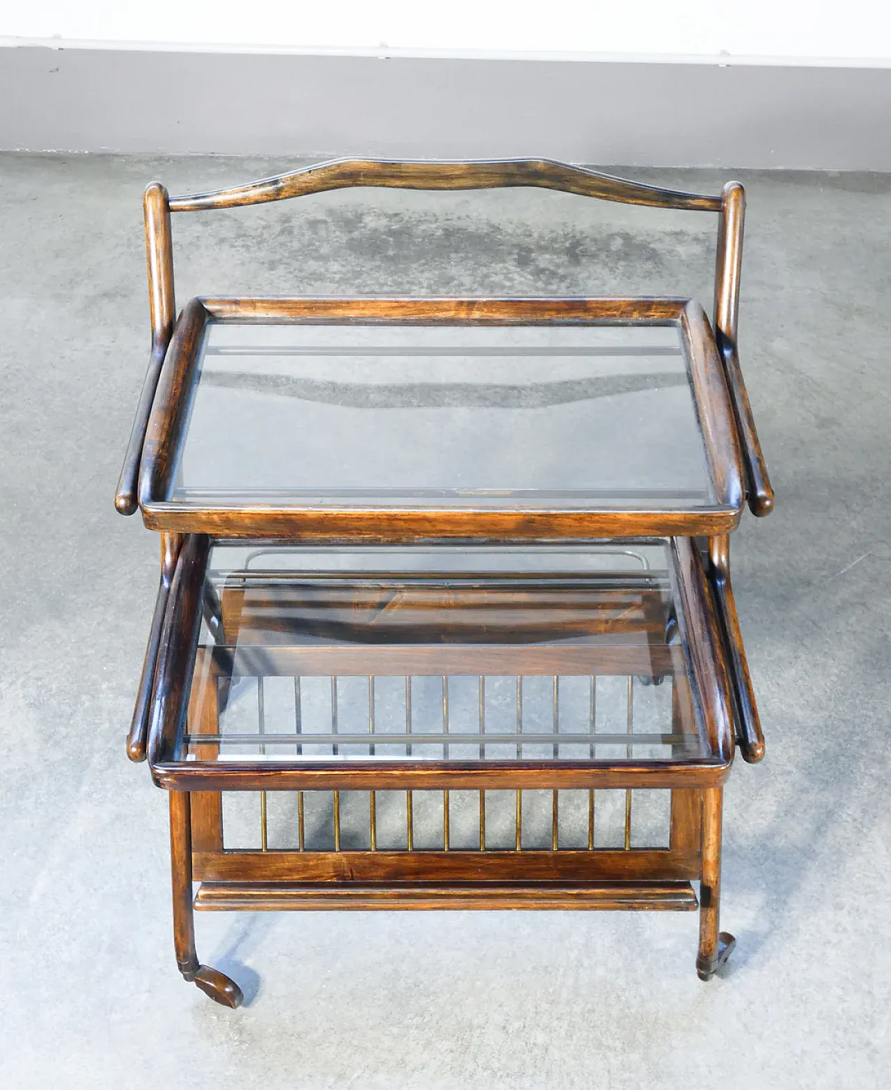 Carrello portavivande in legno, ottone e vetro di Ico Parise, anni '50 3