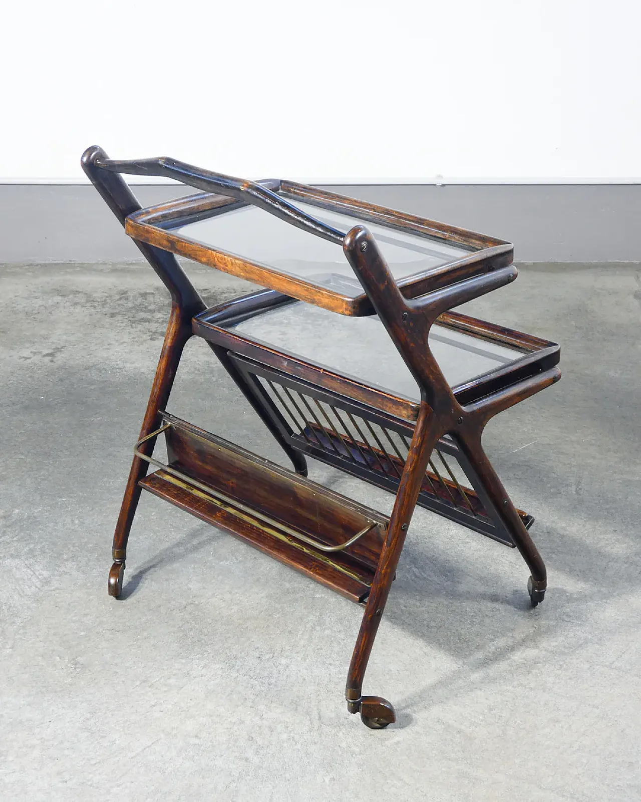 Carrello portavivande in legno, ottone e vetro di Ico Parise, anni '50 10