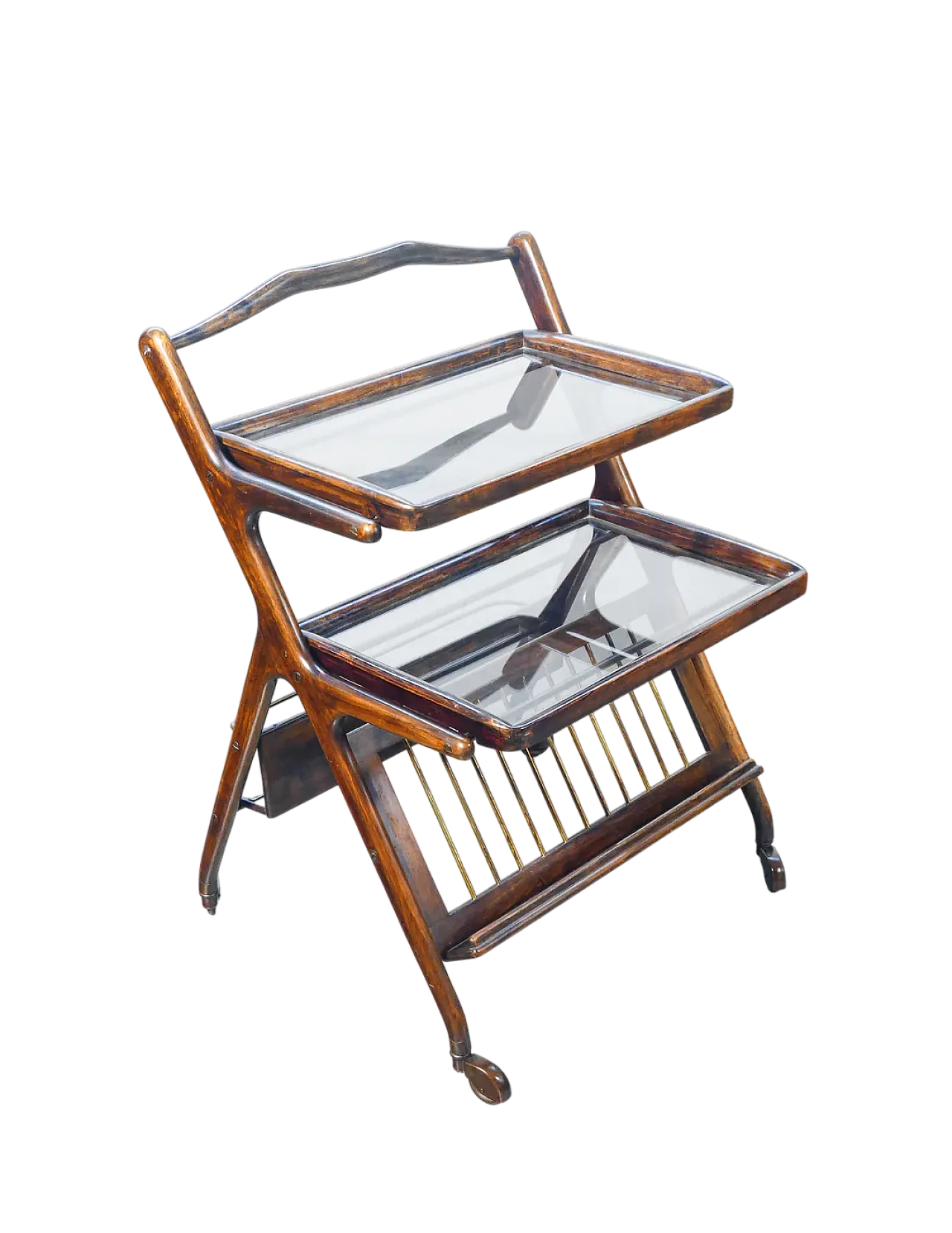 Carrello portavivande in legno, ottone e vetro di Ico Parise, anni '50 15