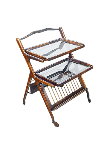 Carrello portavivande in legno, ottone e vetro di Ico Parise, anni '50