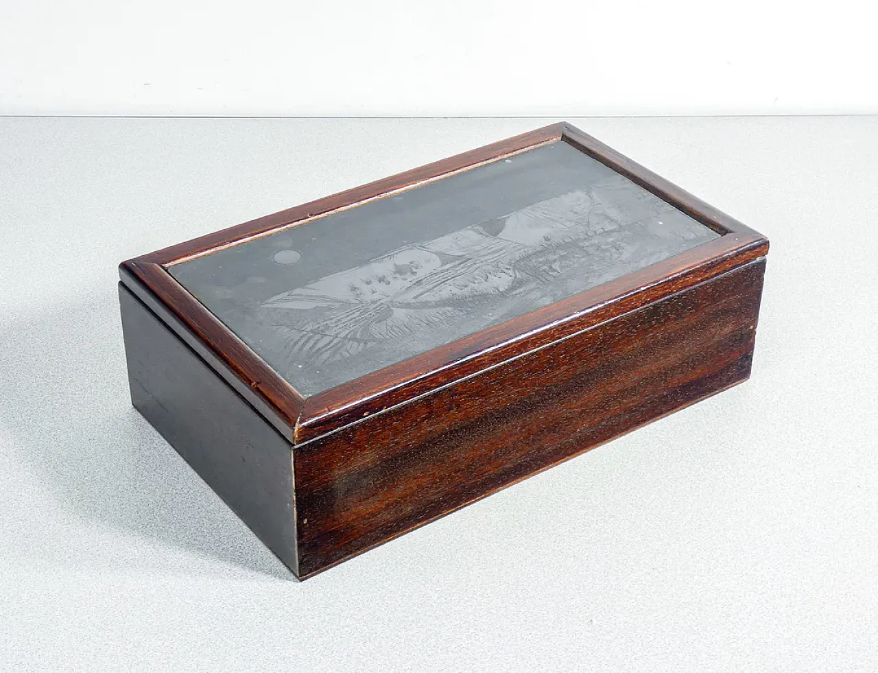 Scatola in legno con lastra litografica, anni '70 1