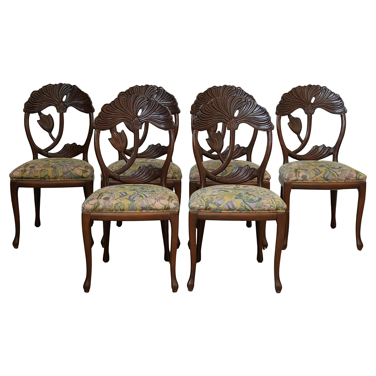 6 hand-carved dining chairs with floral seats, 1990s 1