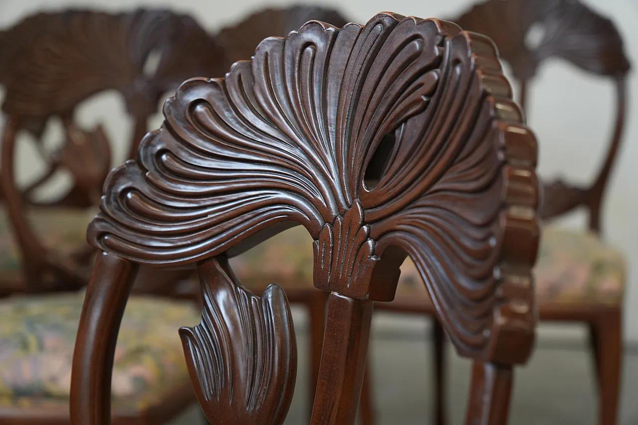 6 hand-carved dining chairs with floral seats, 1990s 5
