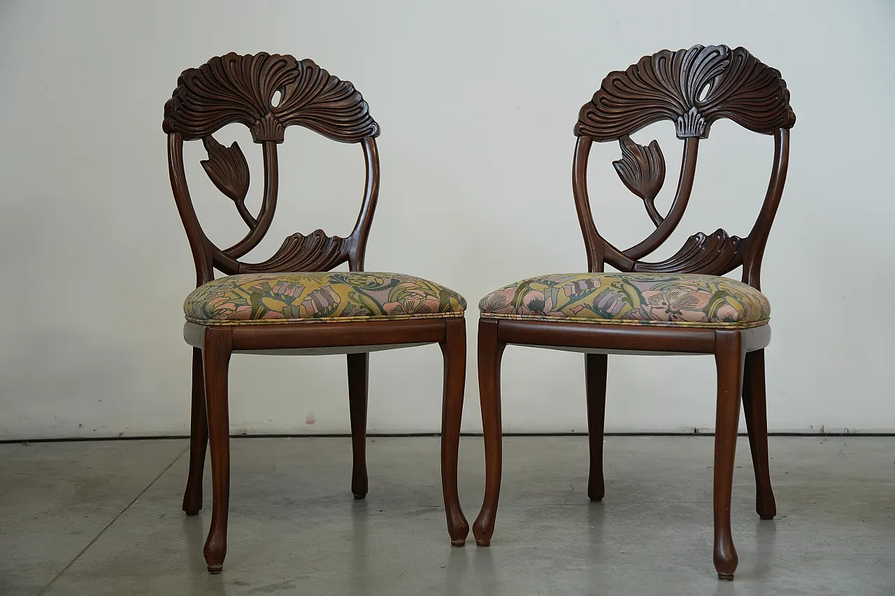 6 hand-carved dining chairs with floral seats, 1990s 6