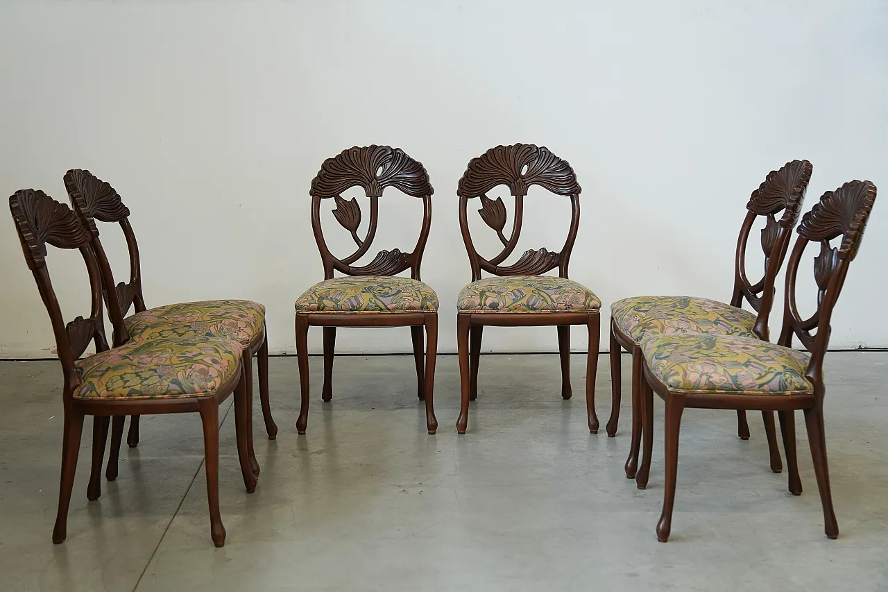 6 hand-carved dining chairs with floral seats, 1990s 9