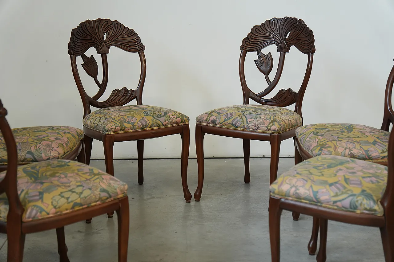 6 hand-carved dining chairs with floral seats, 1990s 10