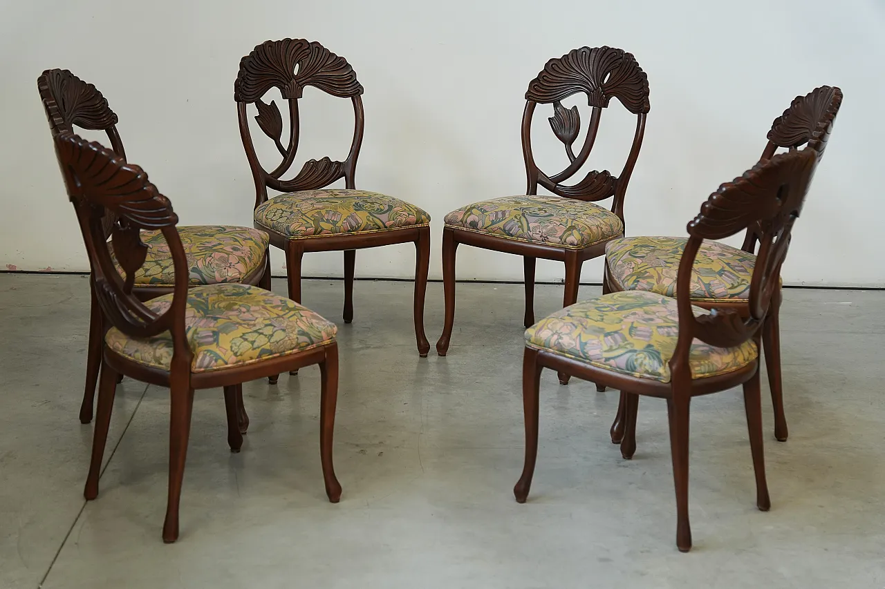 6 hand-carved dining chairs with floral seats, 1990s 11