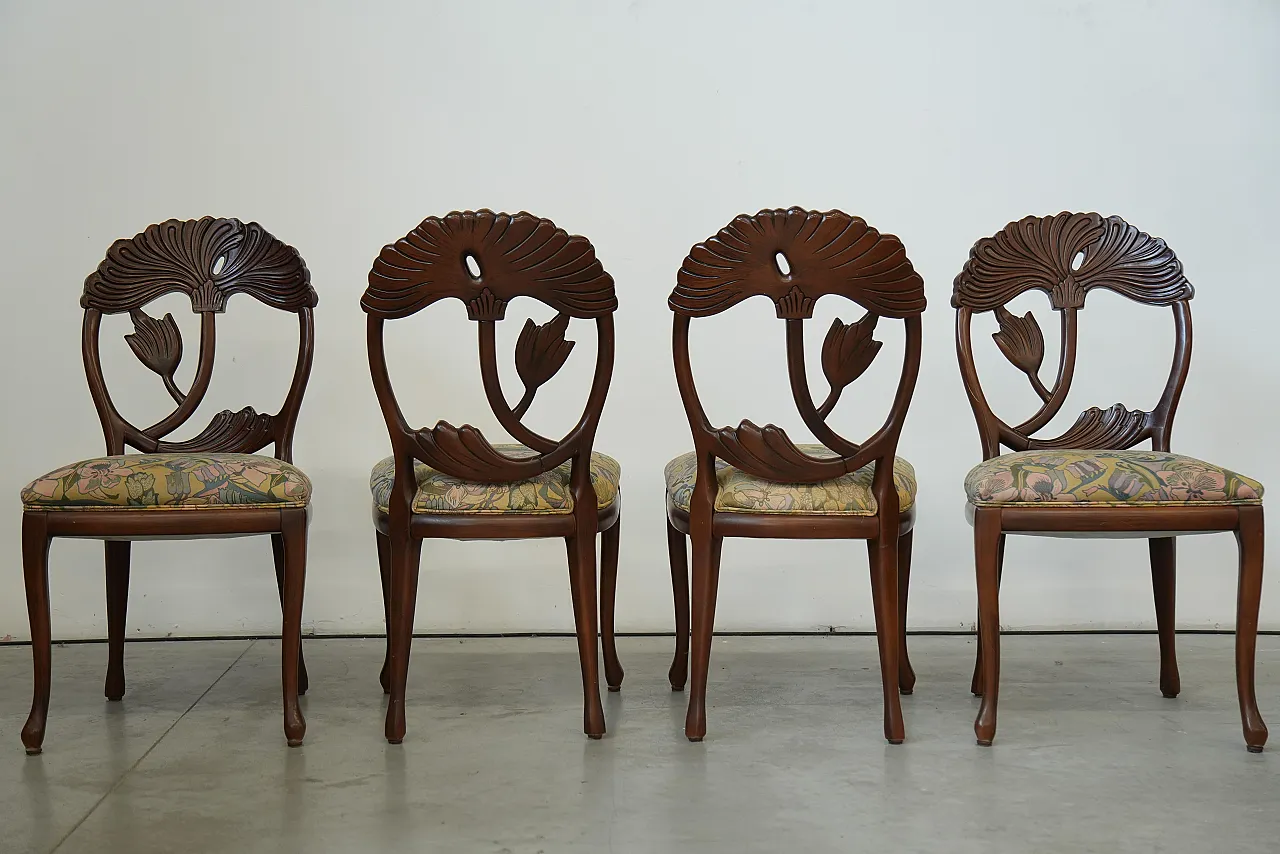 6 hand-carved dining chairs with floral seats, 1990s 12