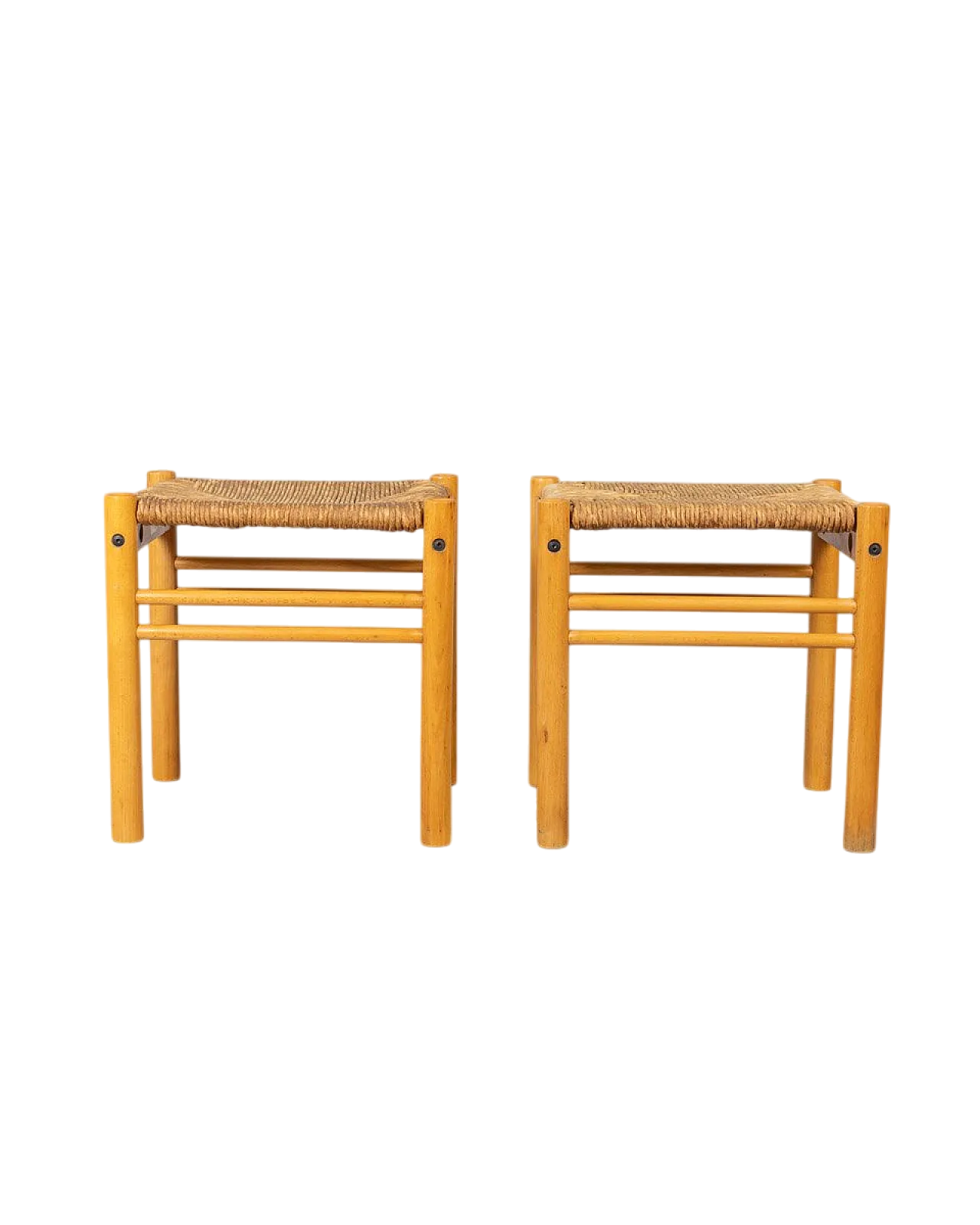 Pair of wooden and rope stools, 1970s 8