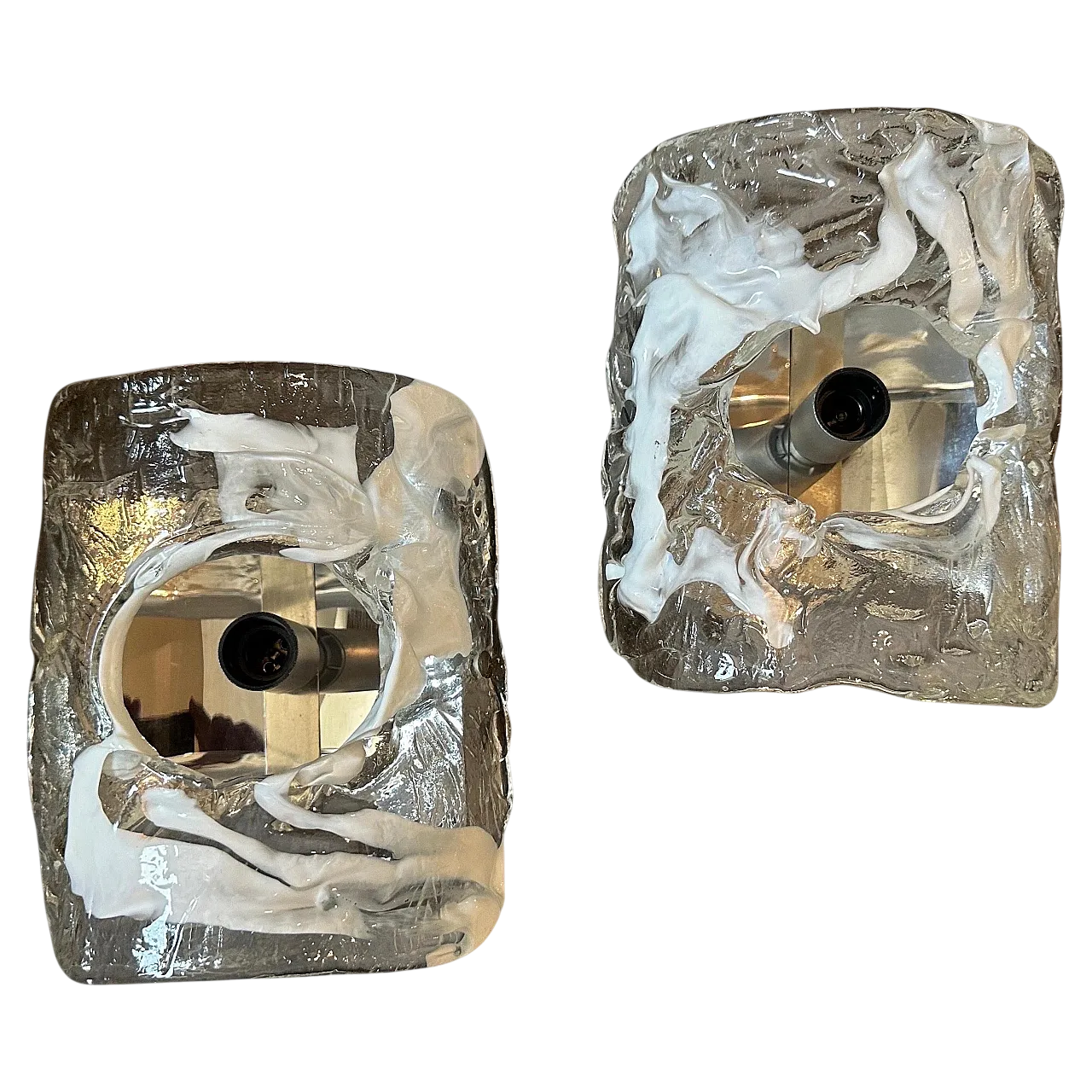 Coppia di applique in vetro di Murano e acciaio di Mazzega, anni '70 16