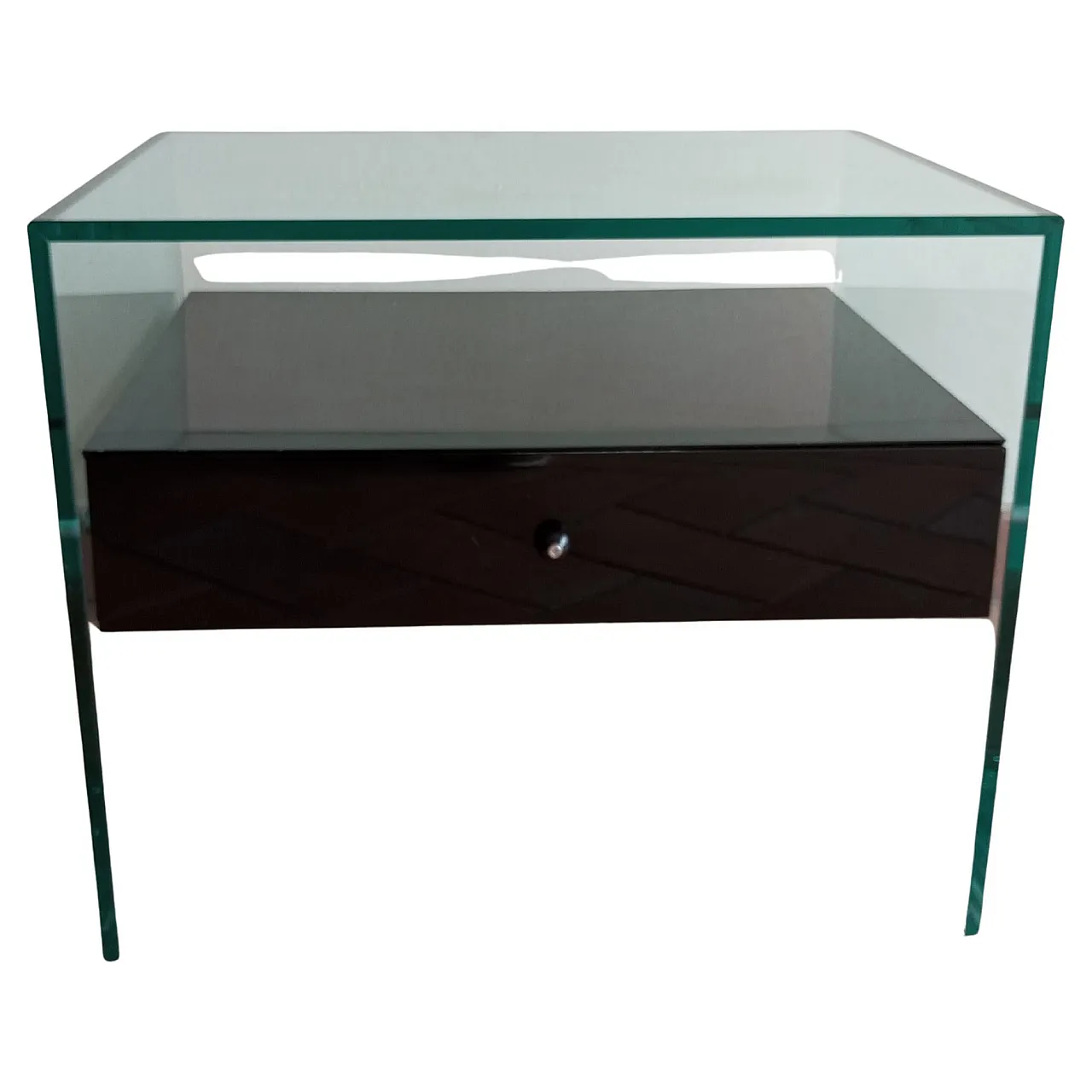 Comodino “Secret” in vetro e legno laccato nero. Italia anni ‘90 1