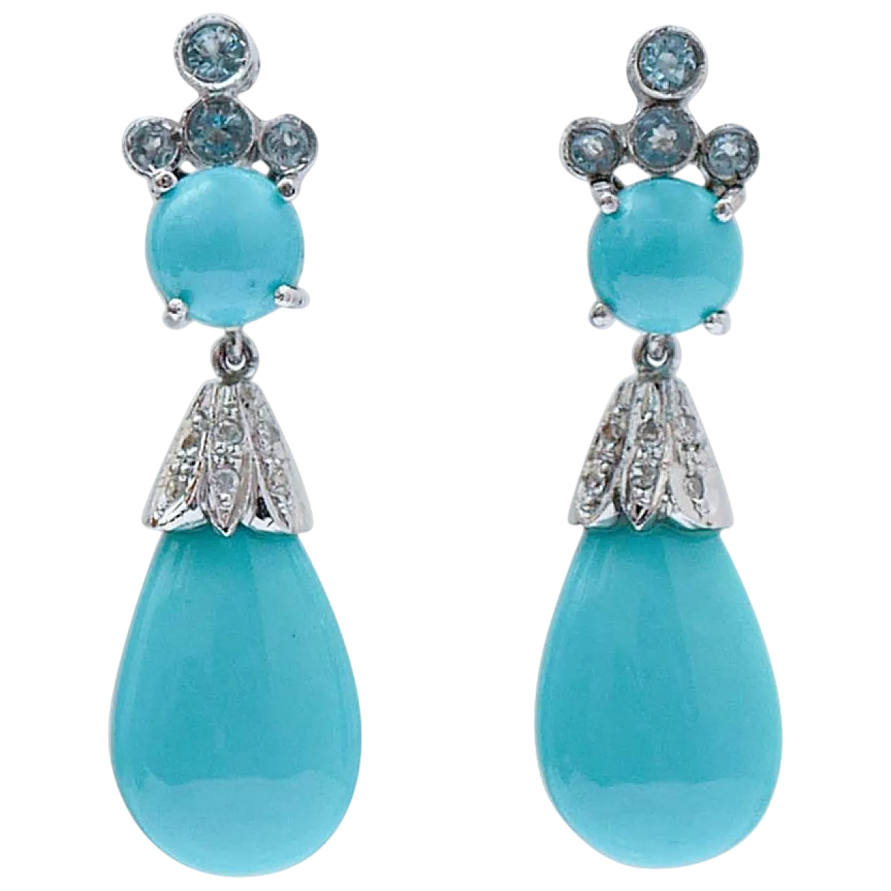 Orecchini in turchese, acquamarina, diamanti, platino, anni '70 6