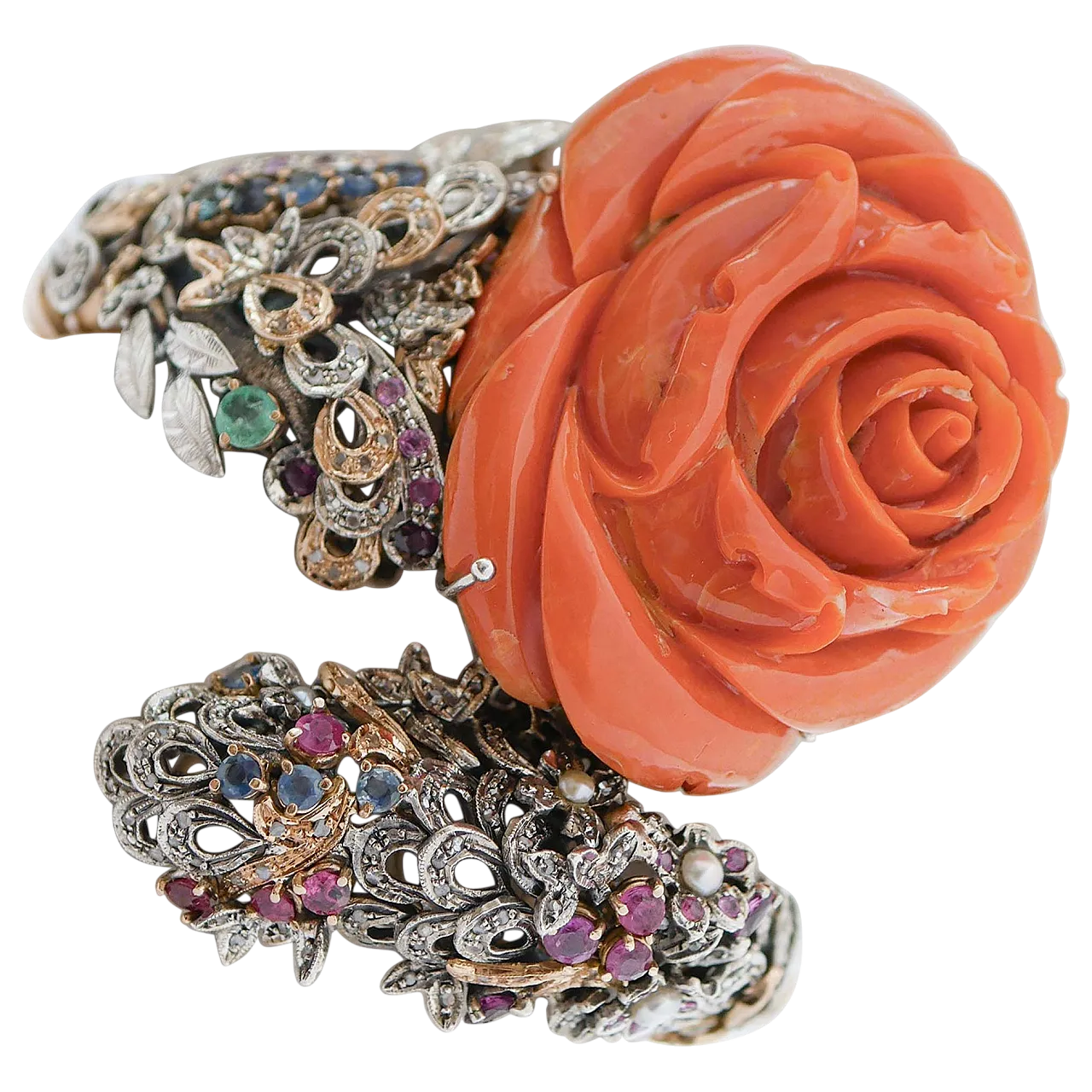Bracciale in corallo, rubini, smeraldi, zaffiri, diamanti, anni '50 6