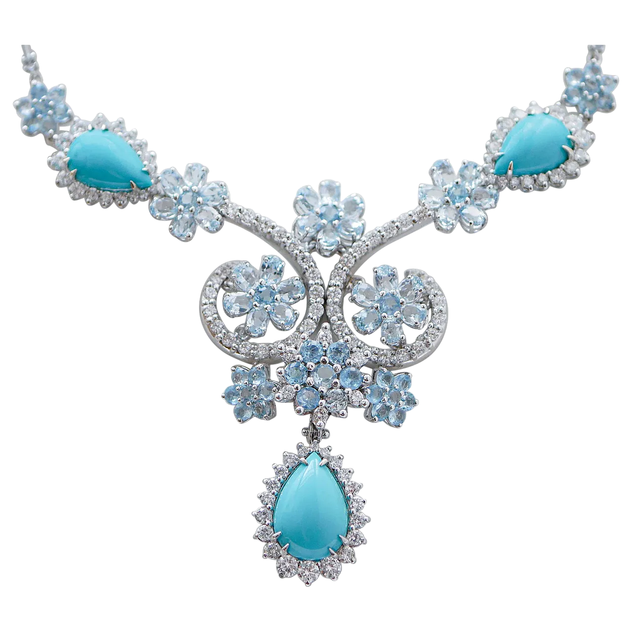 Collana in oro bianco con topazi, diamanti, turchese, anni '70 7