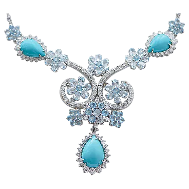 White gold necklace with topazes, diamonds, turquoise, 1970s