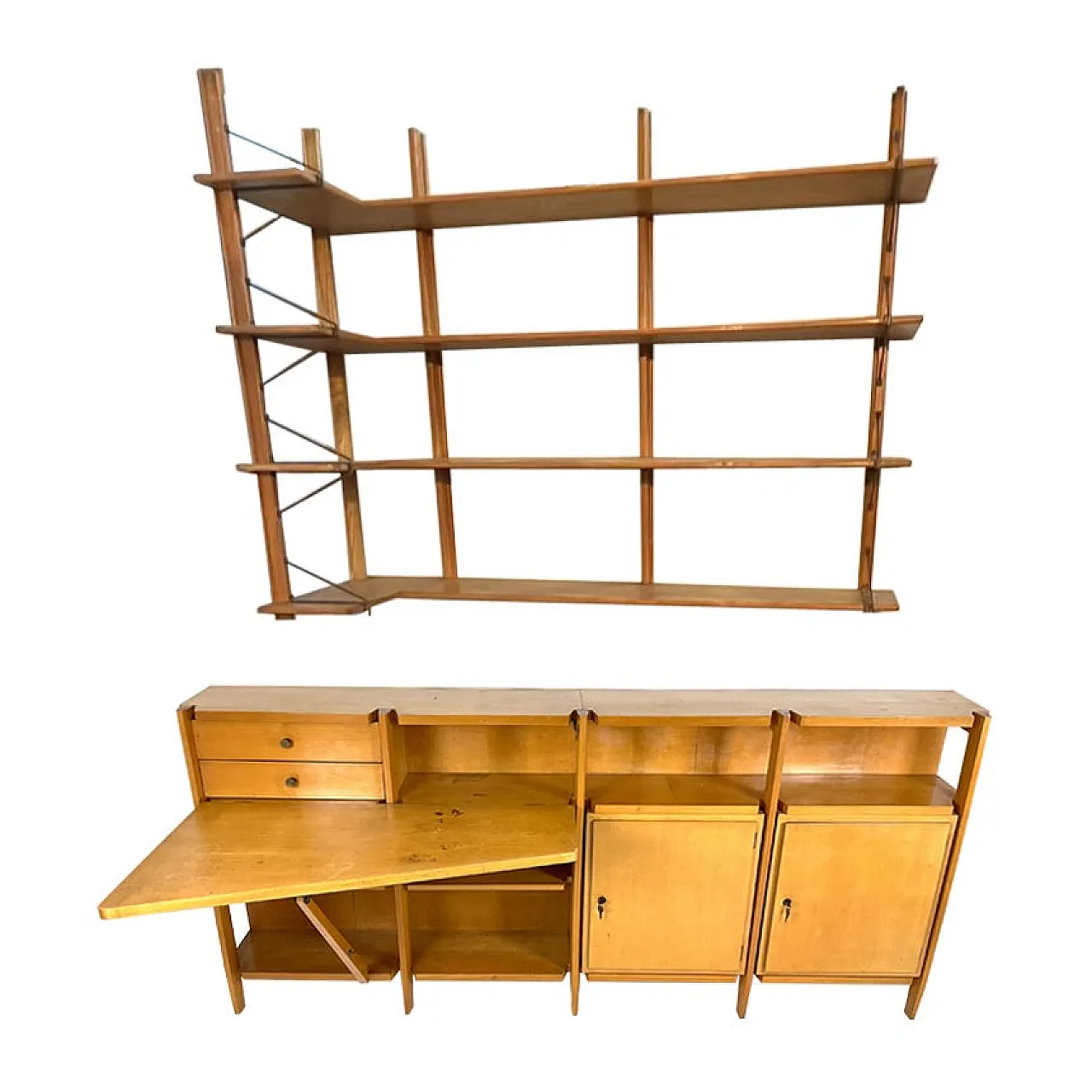 Cabinet with drop-down desk and hanging corner bookcase, 1950s 1