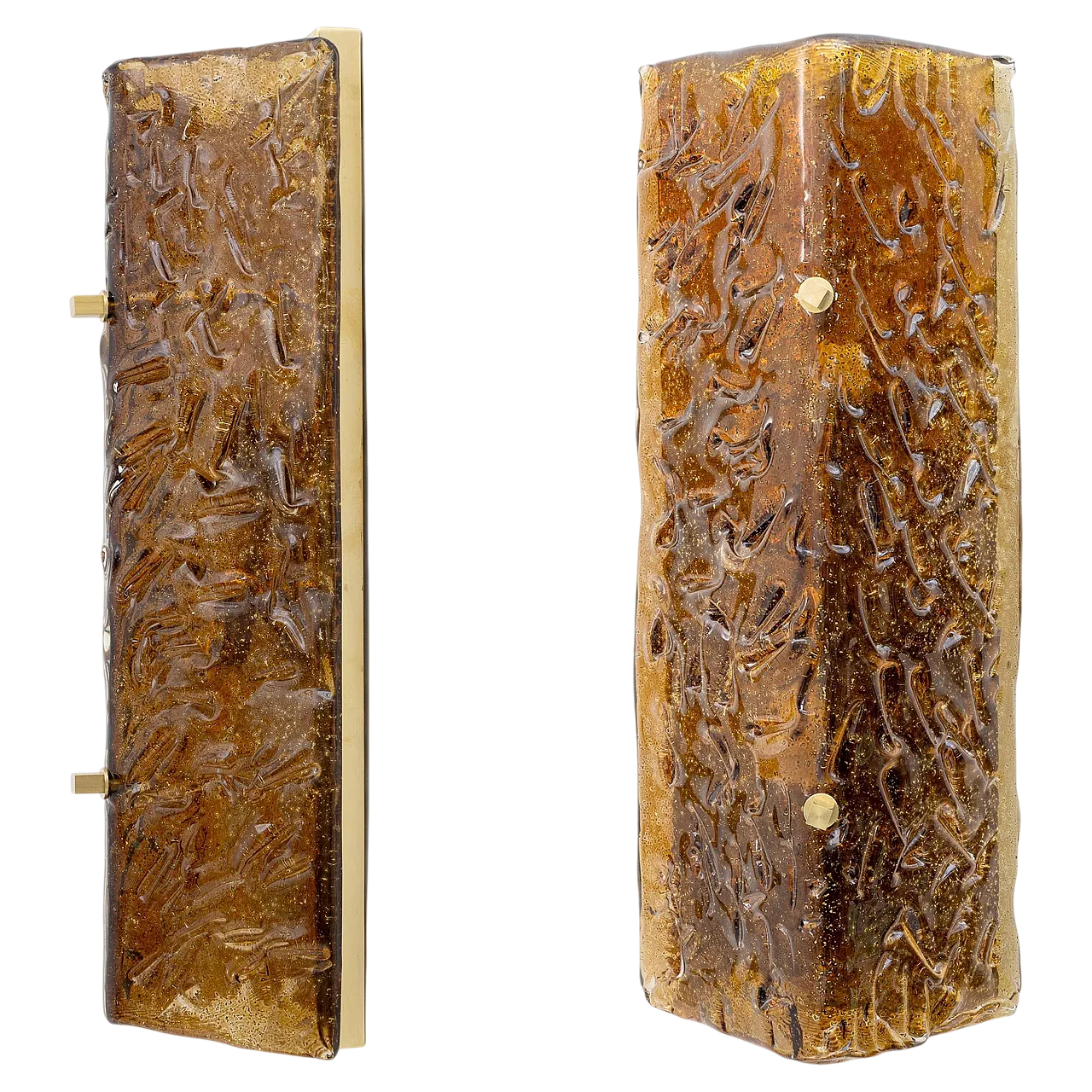 Coppia di lampade in vetro di Murano ambrato e ottone, anni 2000 13