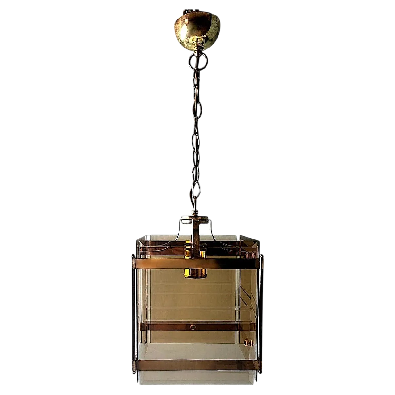 Lampadario in ottone stile Sciolari con vetro smussato fumé, anni '70 20