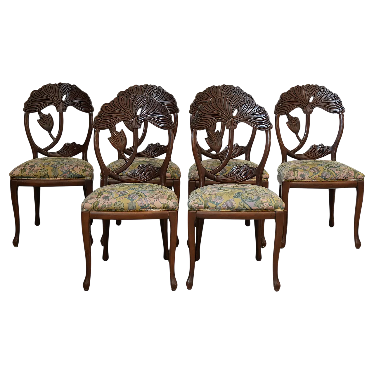 6 hand-carved dining chairs with floral seats, 1990s 16