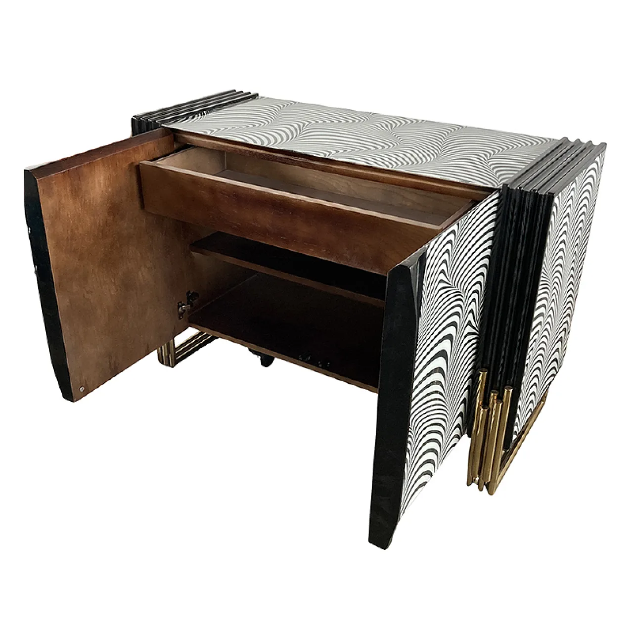 Credenza due ante con vetro a strisce d’onda bianche e nere, anni '90 5