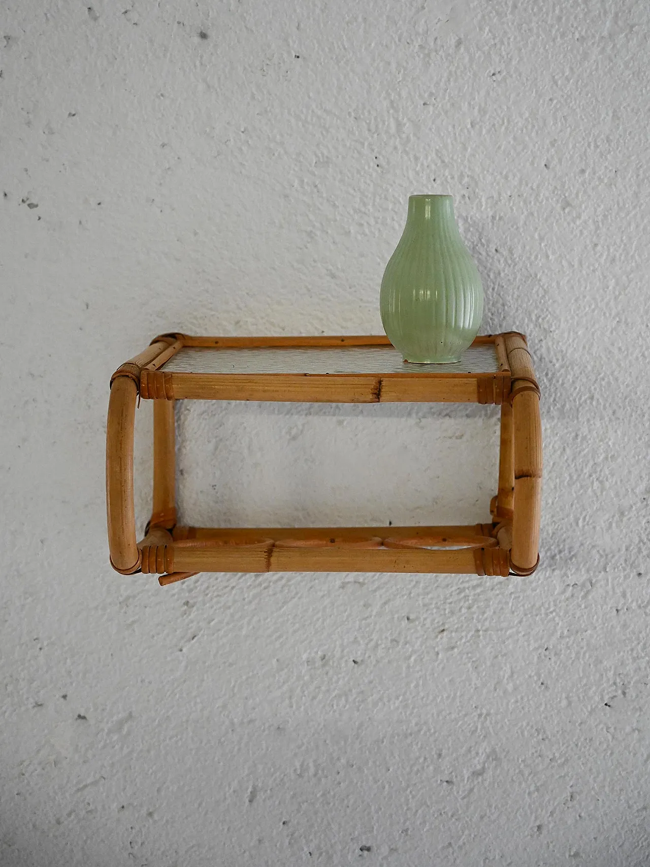 Scandinavian wall bedside table in bamboo and glass, 60s 1