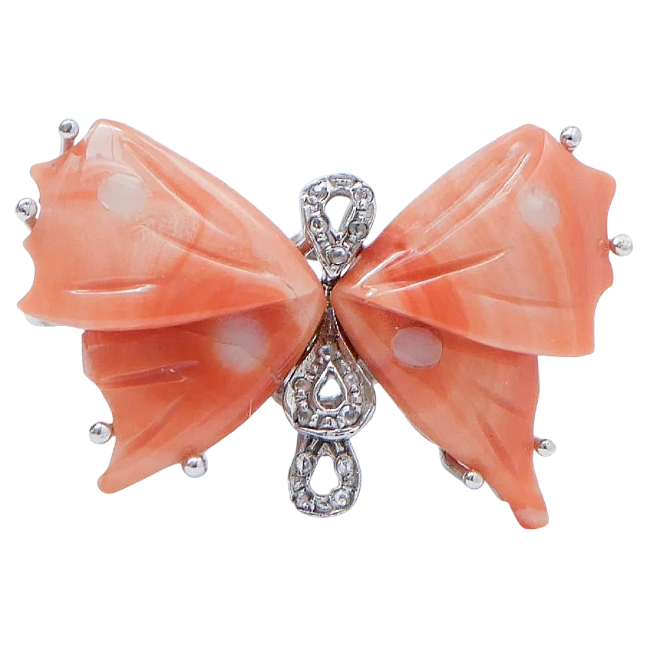 Coral, diamonds, 14 karat white gold butterfly ring, 1950s 6