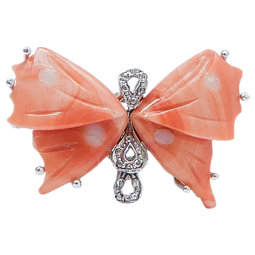 Coral, diamonds, 14 karat white gold butterfly ring, 1950s