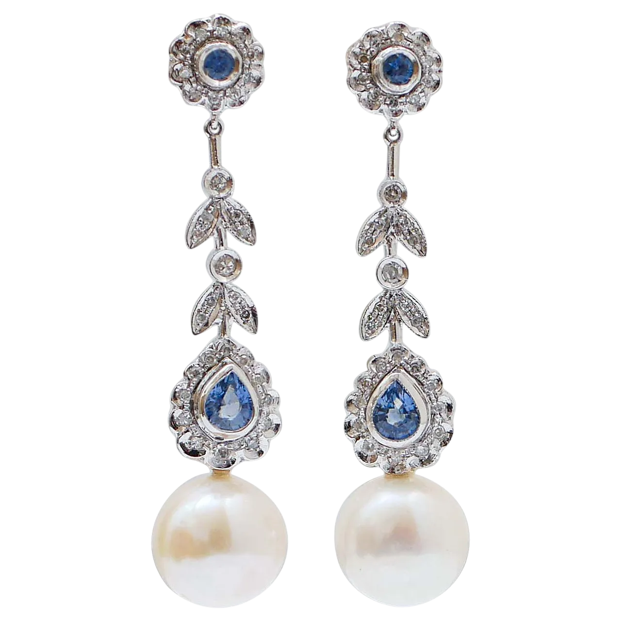 Platinum earrings with white pearls, sapphires, diamonds, 1970s 6