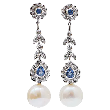 Platinum earrings with white pearls, sapphires, diamonds, 1970s