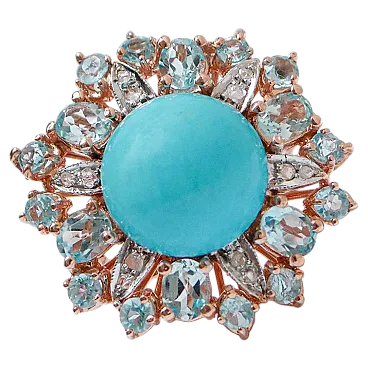 Rose gold and silver ring with topazes, magnesite, diamonds, 1970s