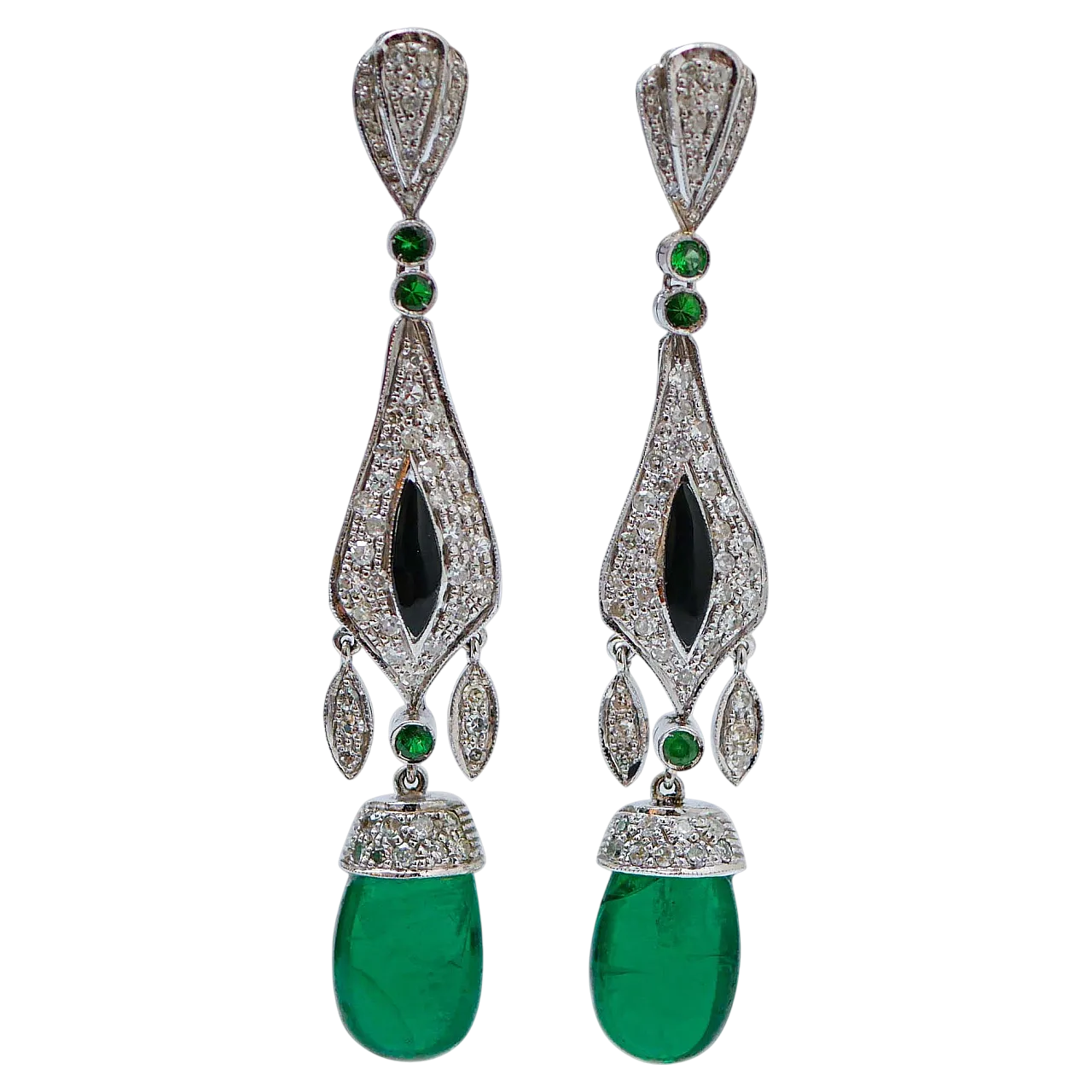 Platinum earrings with emeralds, tsavorite, diamonds, onyx, 1960s 6